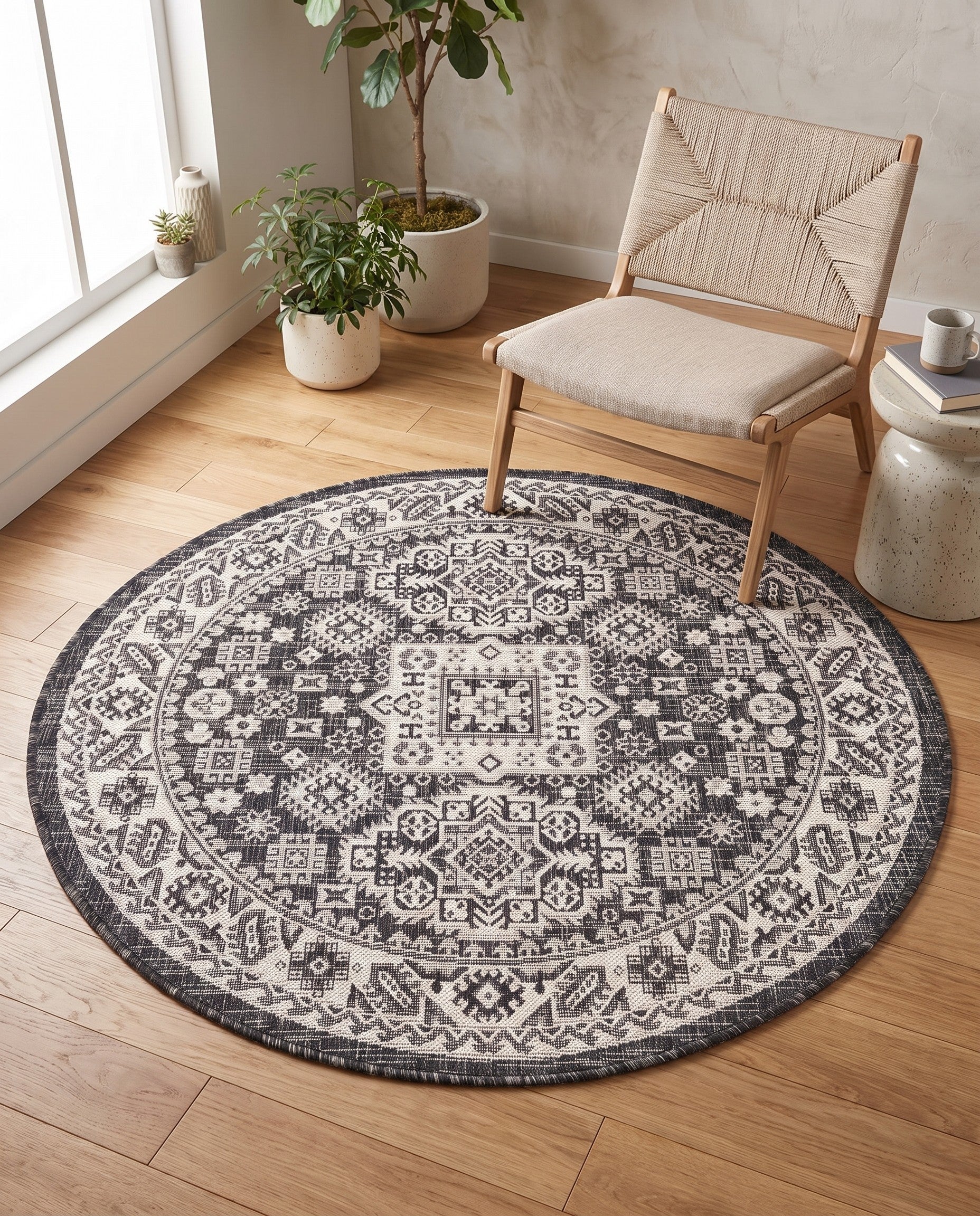 4' x 4' Easy-Clean Aztec Indoor / Outdoor Round Rug