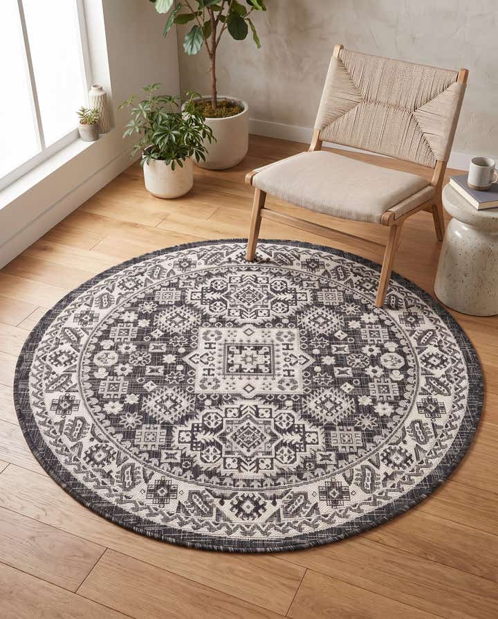 4' x 4' Easy-Clean Aztec Indoor / Outdoor Round Rug
