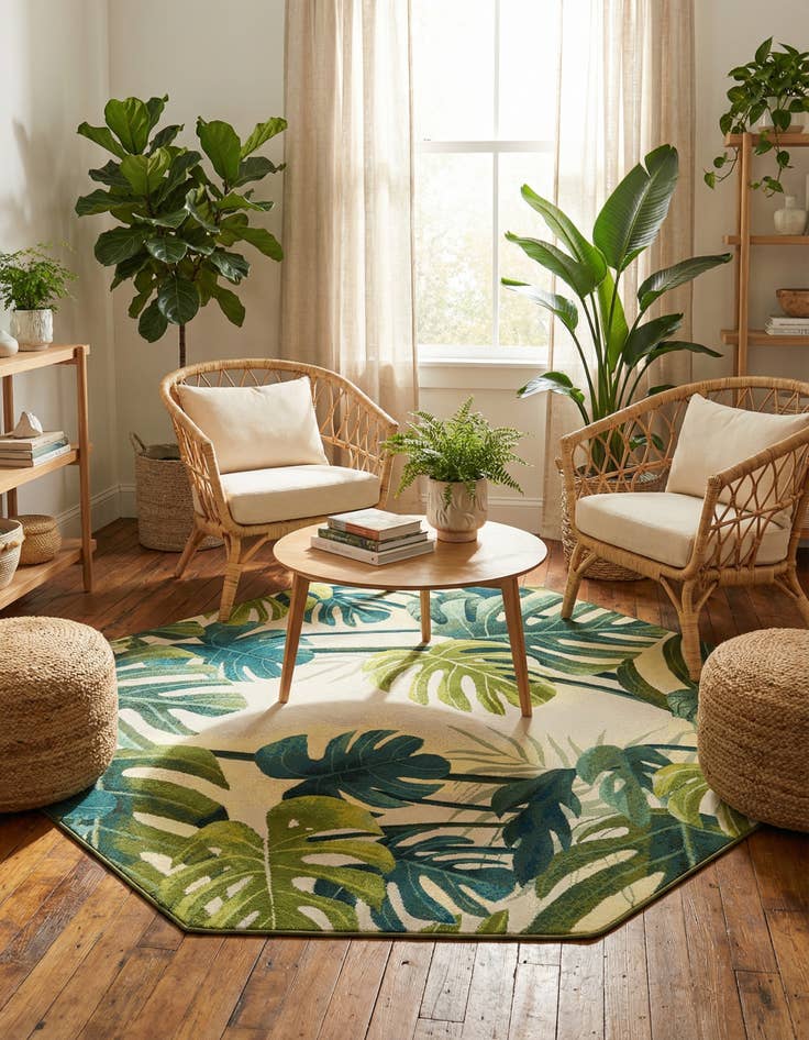 Detail image of 7' 10 x 7' 10  Washable Botanical Indoor / Outdoor Octagon Rug