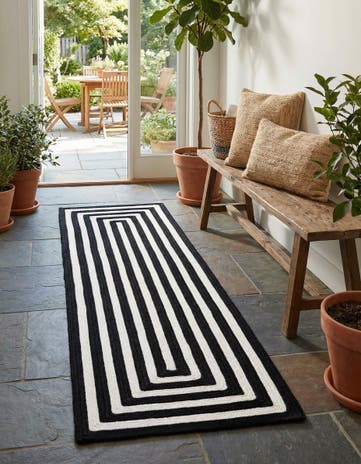 Black and White Easy-Clean Eco Verse Washable Indoor / Outdoor Runner Rug