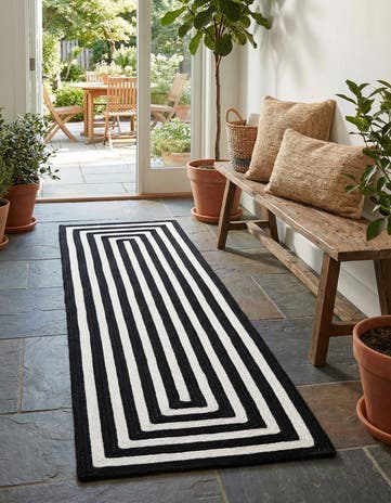 Black and White Easy-Clean Eco Verse Washable Indoor / Outdoor Runner Rug