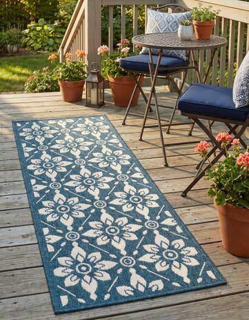 Navy Blue Easy-Clean Lattice Indoor / Outdoor Runner Rug