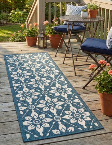 Navy Blue Easy-Clean Lattice Indoor / Outdoor Runner Rug