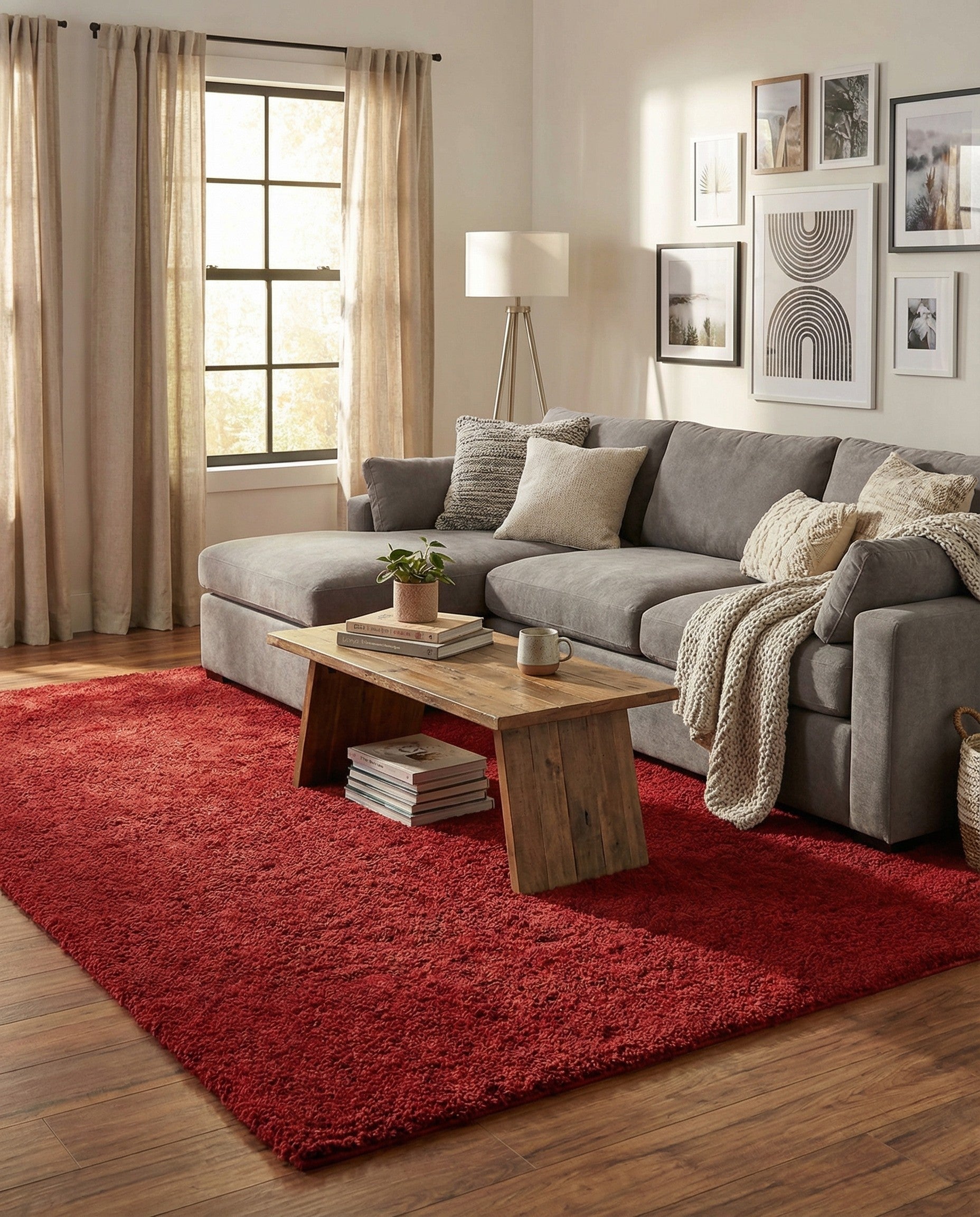 A plush, rectangular 9x12 red shag rug with a textured, high pile, perfect for a cozy living room or bedroom.