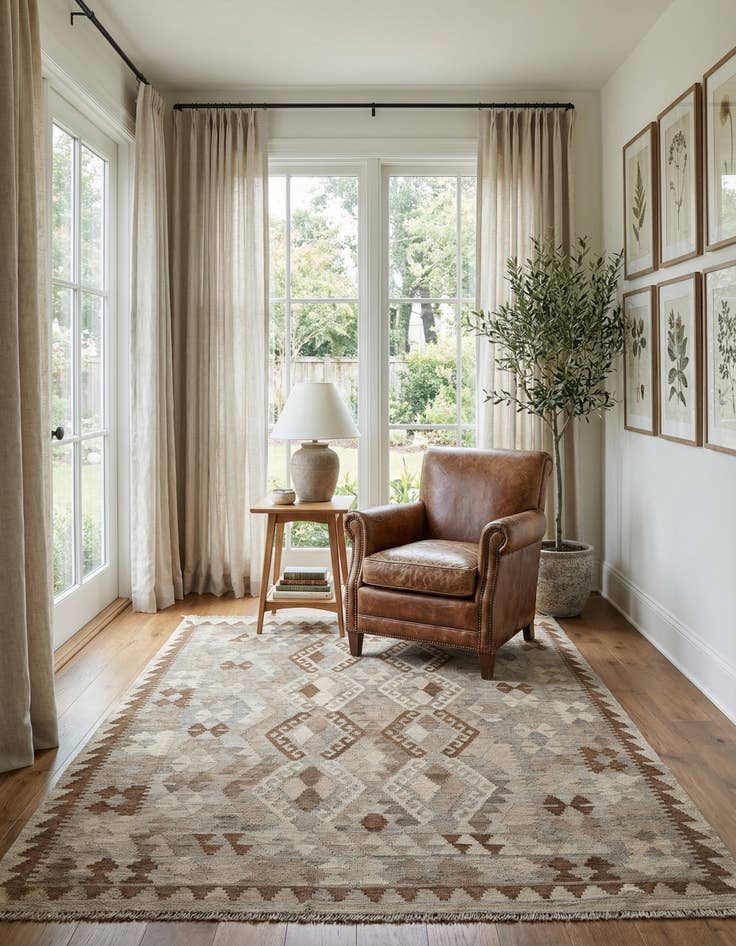 Detail image of  4' 6 x 5' 11  Hand Woven Kilim Maymana Wool Rug