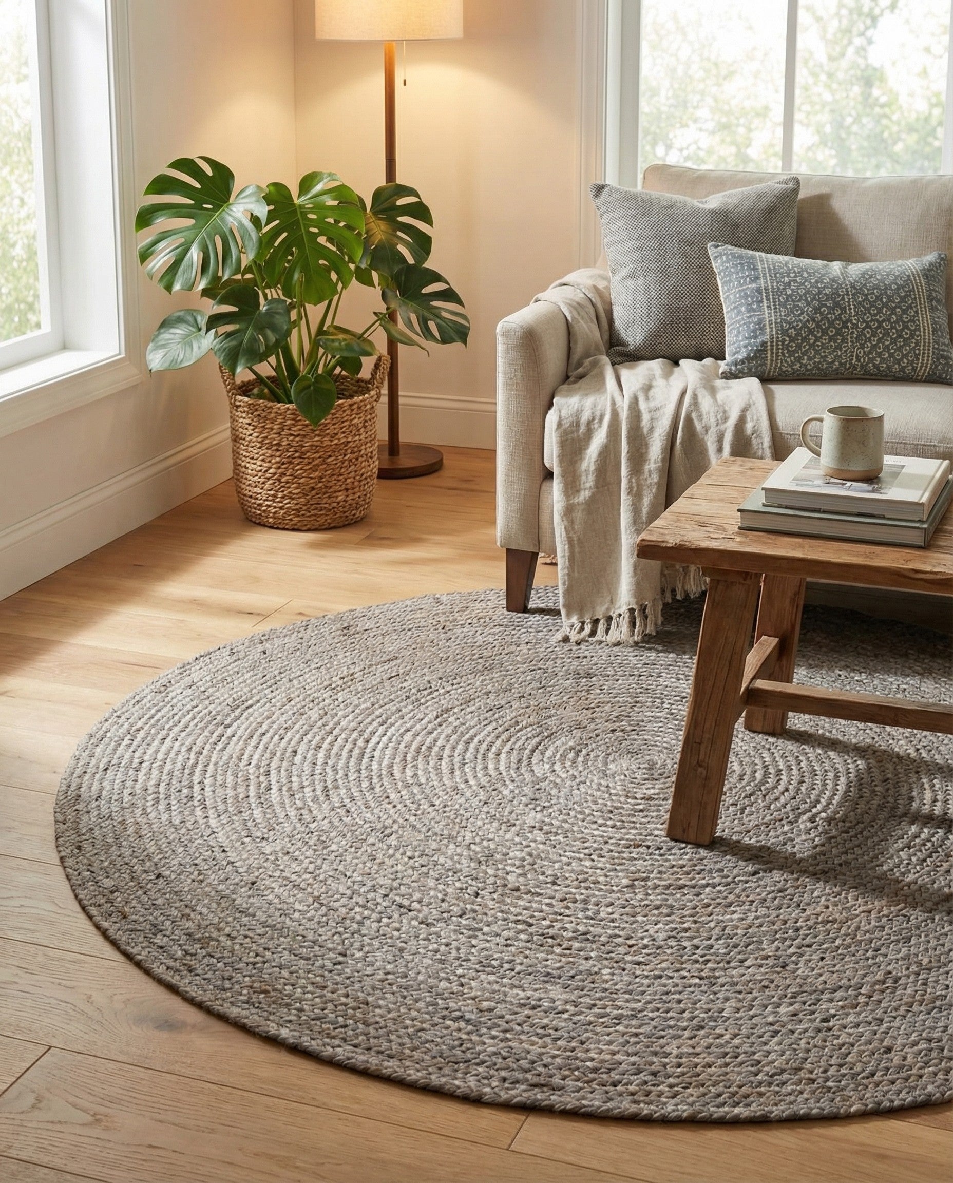 A 5' 1 x 5' 1 round gray jute rug with a braided, textured, spiral pattern, suitable for various indoor spaces.