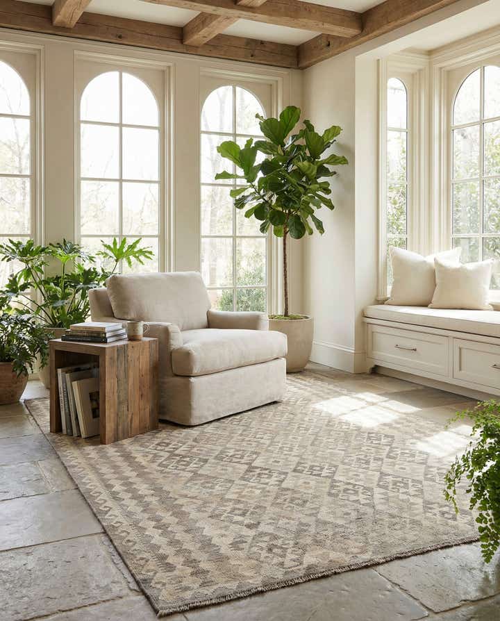 6' 11 x 9' 9 Hand Woven Kilim Maymana Wool Rug