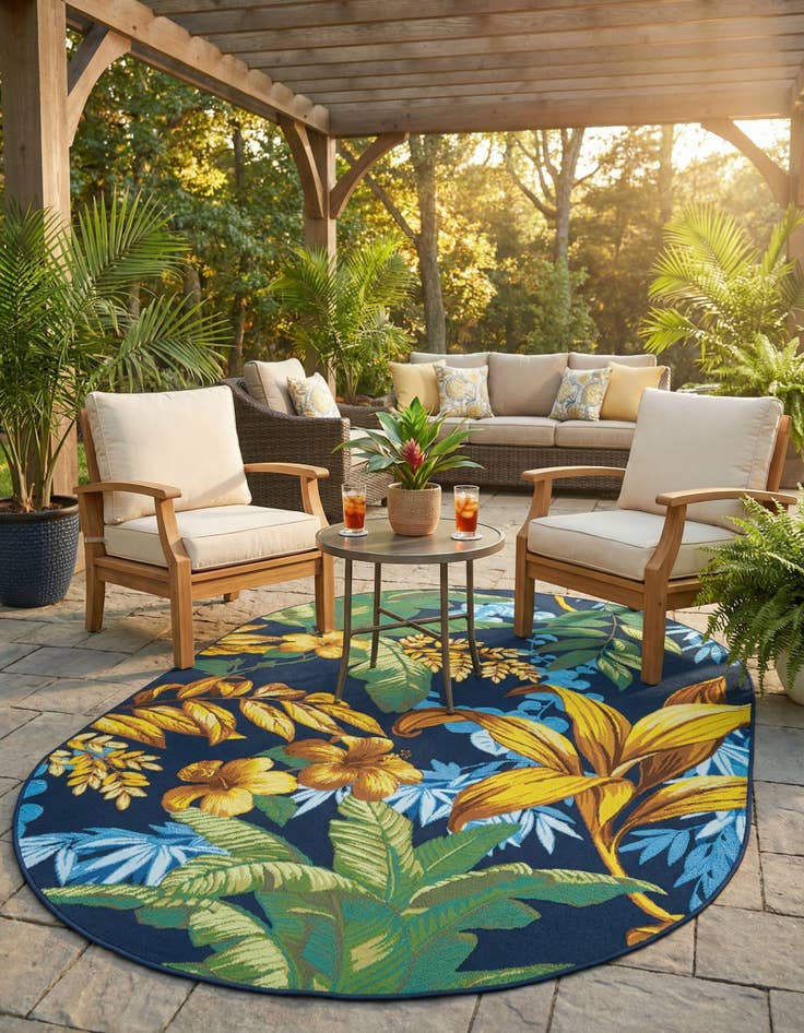 Detail image of 5' 3 x 8'  Washable Botanical Indoor / Outdoor Oval Rug