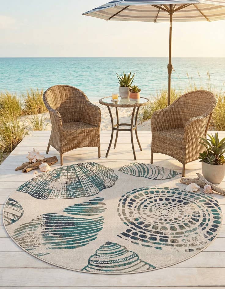 Detail image of 7' 10 x 7' 10  Washable Coastal Indoor / Outdoor Round Rug