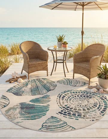 Ivory Easy-Clean Coastal Indoor / Outdoor Round Rug