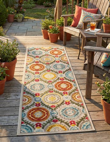 Ivory Beige Easy-Clean Casablanca Indoor / Outdoor Runner Rug