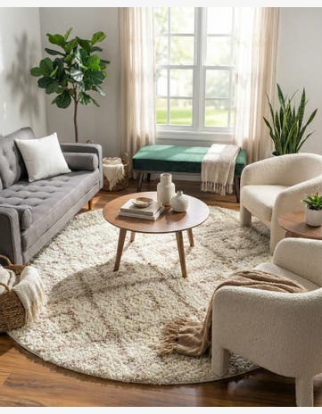 Beige Trellis Shag Round Rug