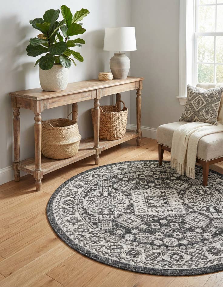 Detail image of 4' x 4'  Washable Aztec Indoor / Outdoor Round Rug