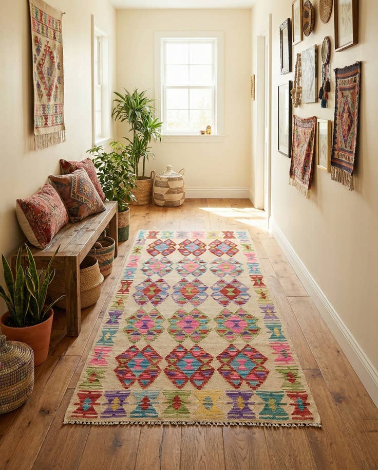 Detail image of 3' 2 x 6' 5 Hand Woven Kilim Maymana Wool Runner Rug