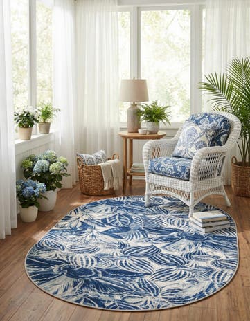 Navy Blue Blossom Oval Rug
