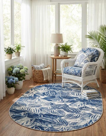 Navy Blue Blossom Oval Rug