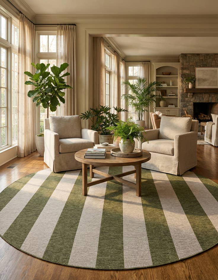 Detail image of 12' x 12'  Washable Striped Indoor / Outdoor Round Rug