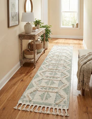 Aquamarine and White Hand Woven Arizona Wool Runner Rug