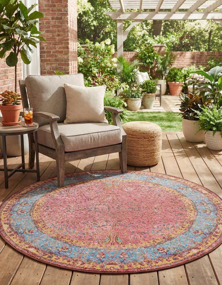 Detail image of 4' 1 x 4' 1  Washable Traditional Indoor / Outdoor Round Rug
