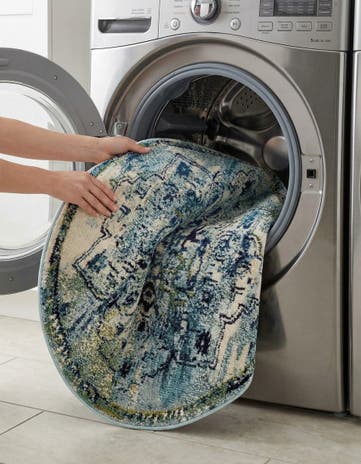 Blue Washable Fleur Round Rug