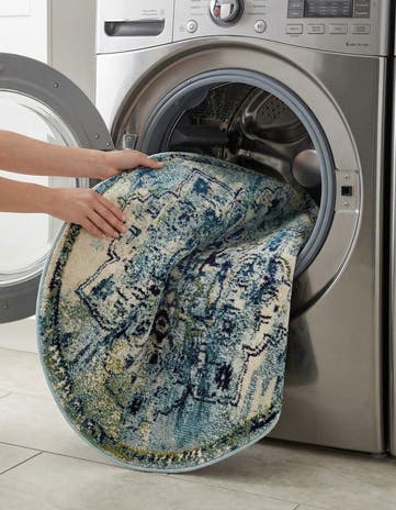 Blue Washable Fleur Round Rug