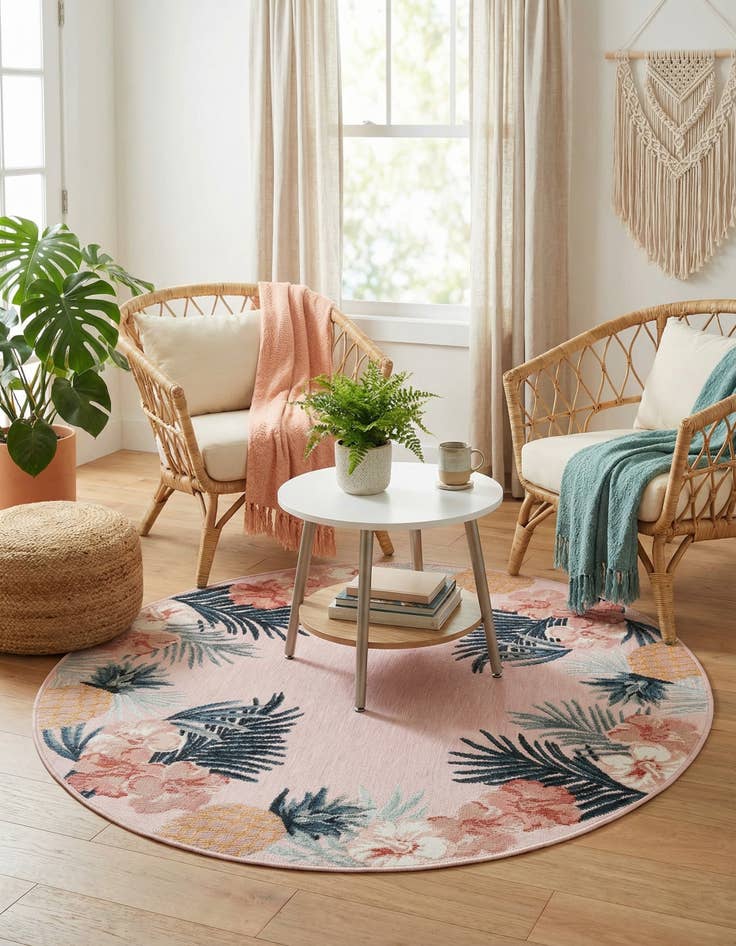 Detail image of  4' 5 x 4' 5  Washable Botanical Indoor / Outdoor Round Rug