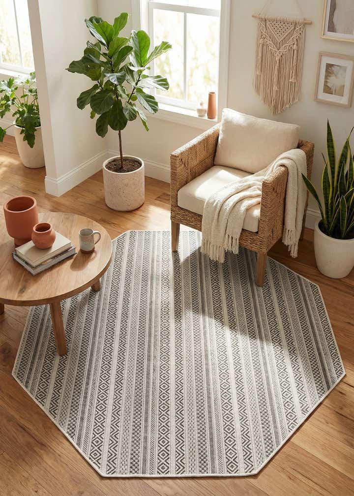 5' 3 x 5' 3 Easy-Clean Striped Indoor / Outdoor Octagon Rug