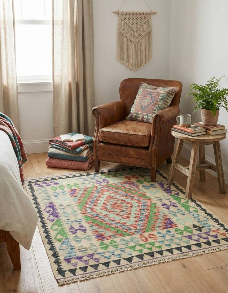 Detail image of 3' x 3' 6  Hand Woven Kilim Maymana Wool Square Rug