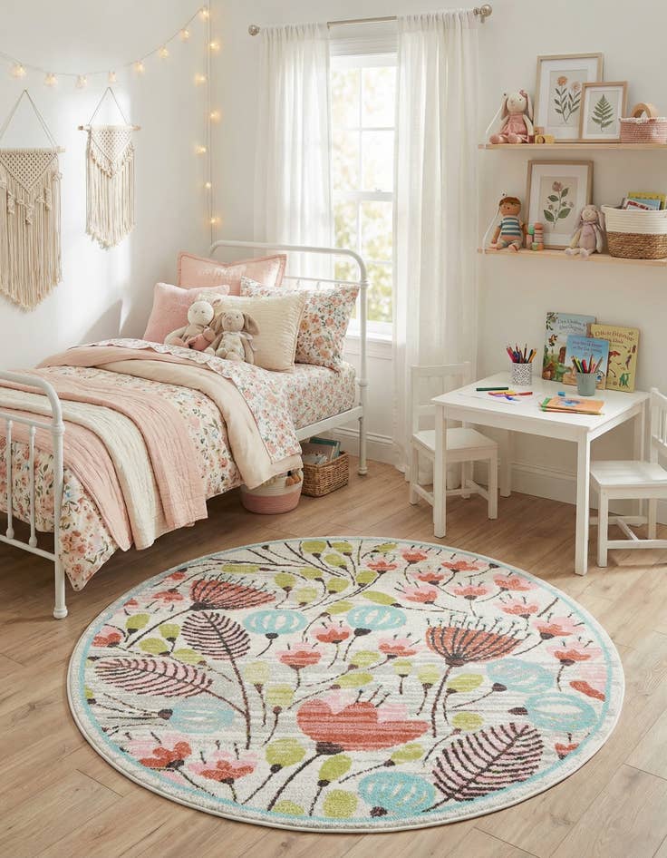 Detail image of 6' 1 x 6' 1 Flowers Whimsy Kids Round Rug