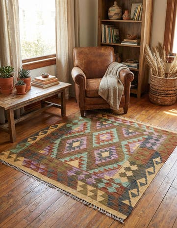 3' 6 x 3' 10 Hand Woven Kilim Maymana Wool Square Rug