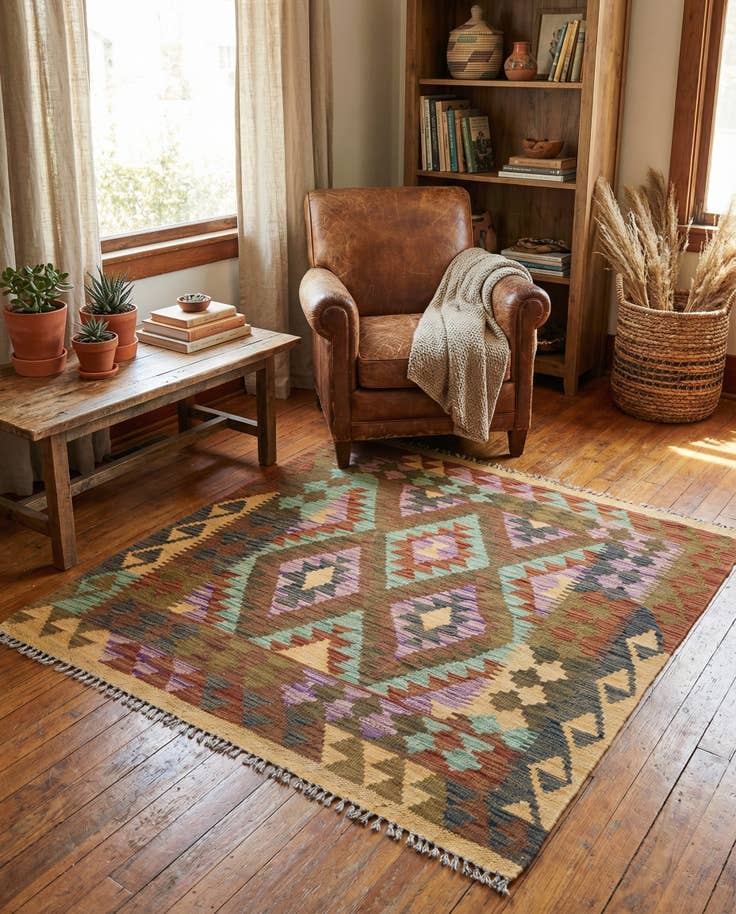 Detail image of 3' 6 x 3' 10 Hand Woven Kilim Maymana Wool Square Rug