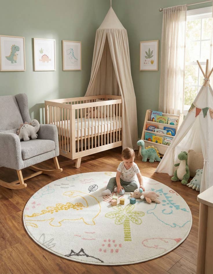 Detail image of 3' 3 x 3' 3 Dinosaur Whimsy Kids Round Rug