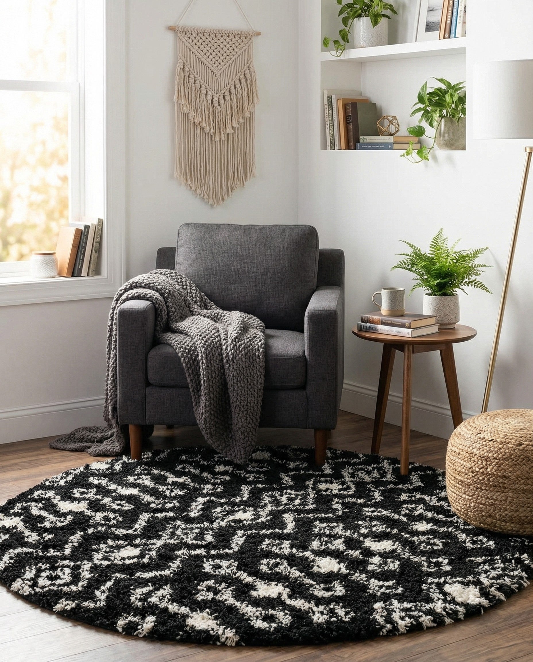 A round 3' 0 x 3' 0 black and white shag rug featuring a modern tribal trellis pattern.