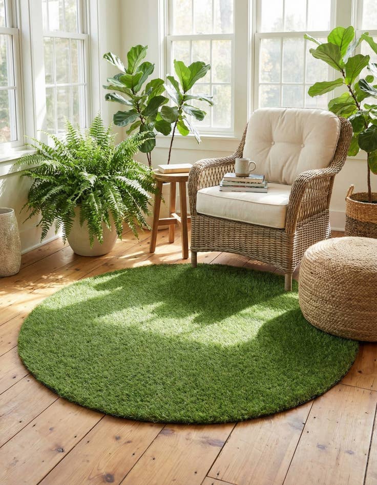 Detail image of 5' x 5'  Washable Grass Indoor / Outdoor Round Rug