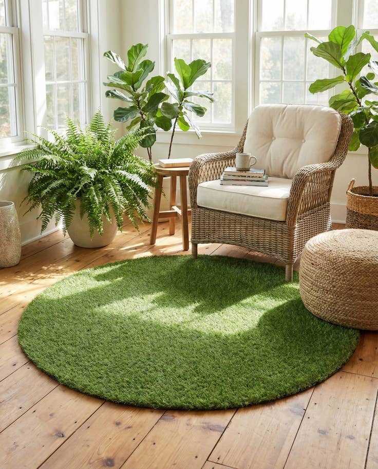 Detail image of 5' x 5' Easy-Clean Grass Indoor / Outdoor Round Rug