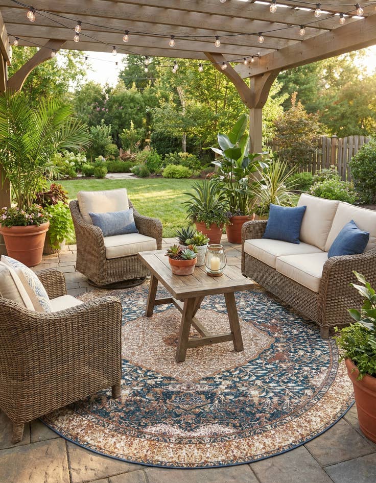 Detail image of 10' x 10'  Washable Traditional Indoor / Outdoor Round Rug