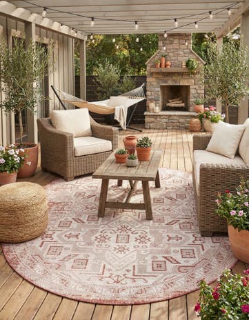 Rust Red Easy-Clean Aztec Indoor / Outdoor Oval Rug