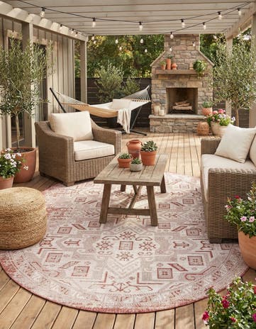 Rust Red Easy-Clean Aztec Indoor / Outdoor Oval Rug