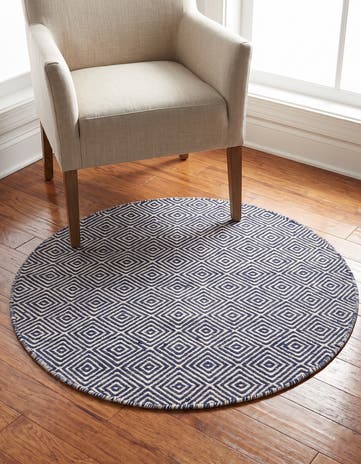 Navy Blue Hand Woven Geo Trellis Flatweave Round Rug