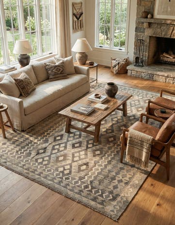 6' 10 x 9' 7 Hand Woven Kilim Maymana Wool Rug
