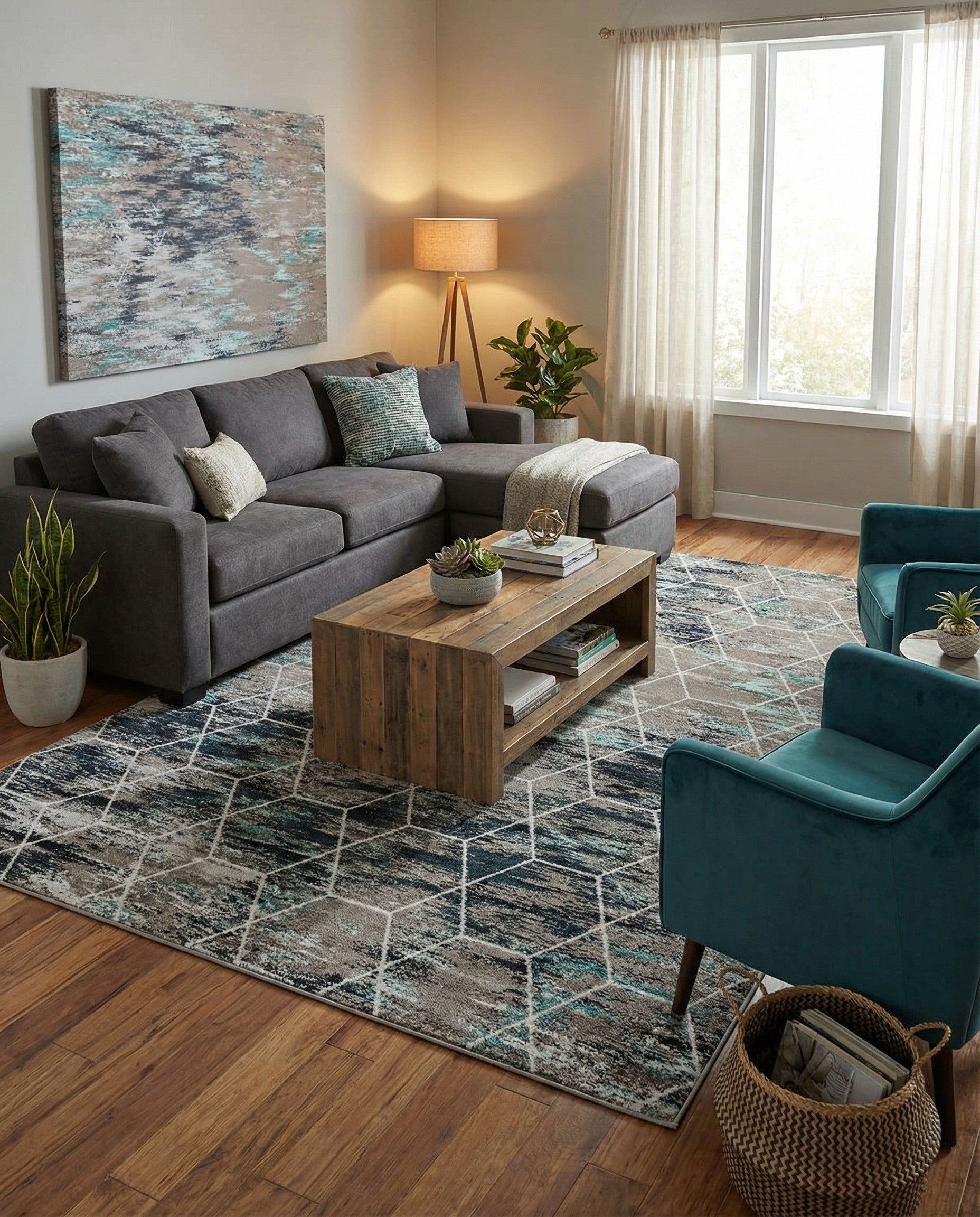 A 10x14 rectangular indoor rug featuring a modern trellis pattern in shades of blue, black, and brown.