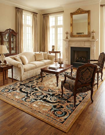 Black Gold Brown Easy-Clean Traditional Indoor / Outdoor Rug