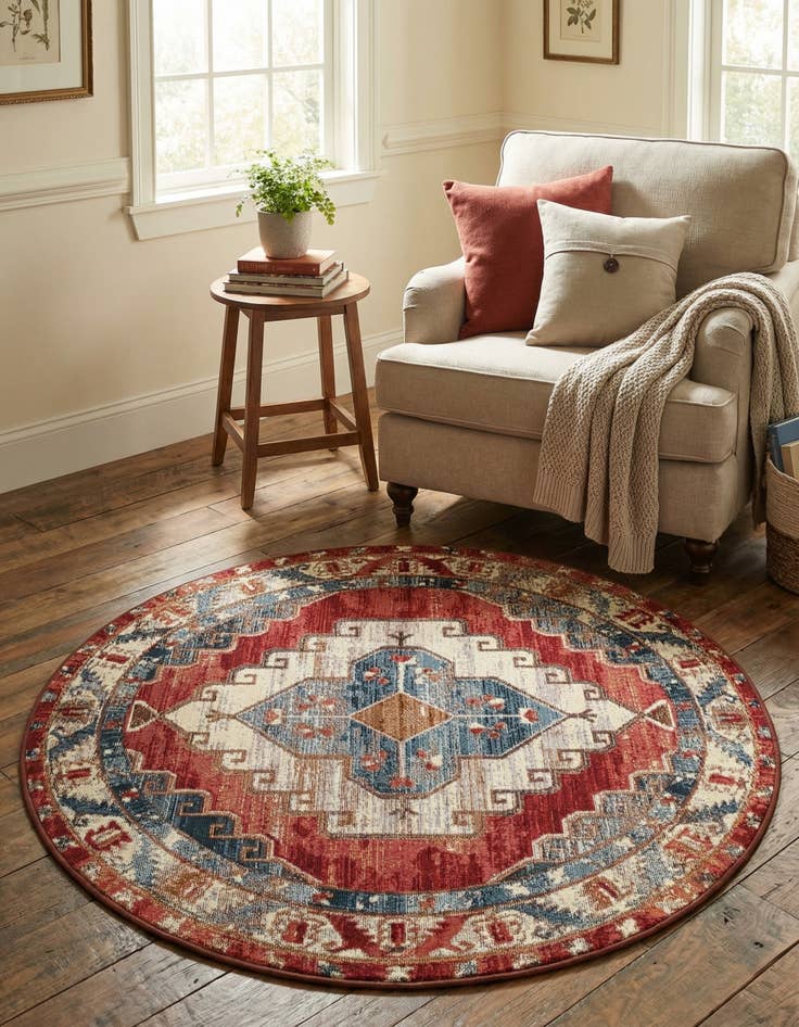 Detail image of 4' x 4' Easy-Clean Traditional Indoor / Outdoor Round Rug
