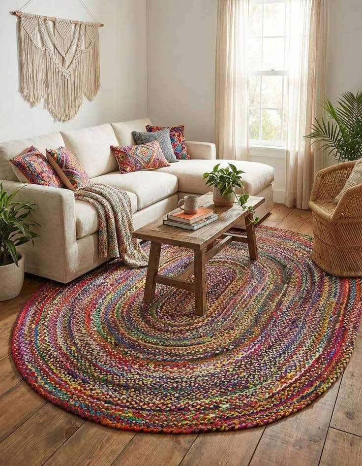 Detail image of 8' x 10'  Hand Braided Chindi Oval Rug