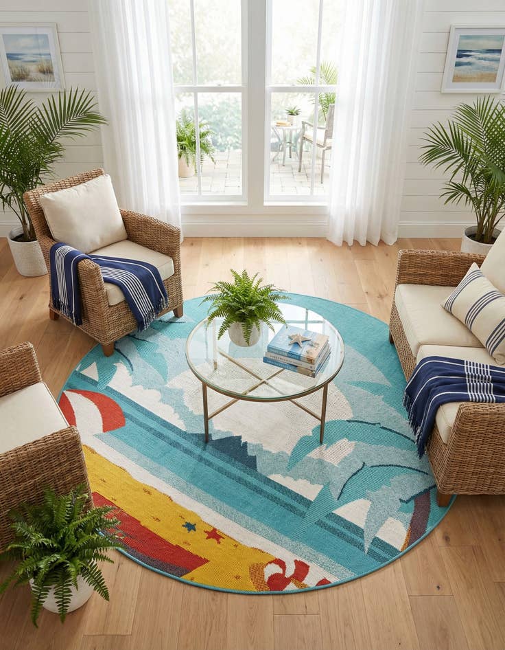 Detail image of 6' x 6'  Washable Coastal Indoor / Outdoor Round Rug