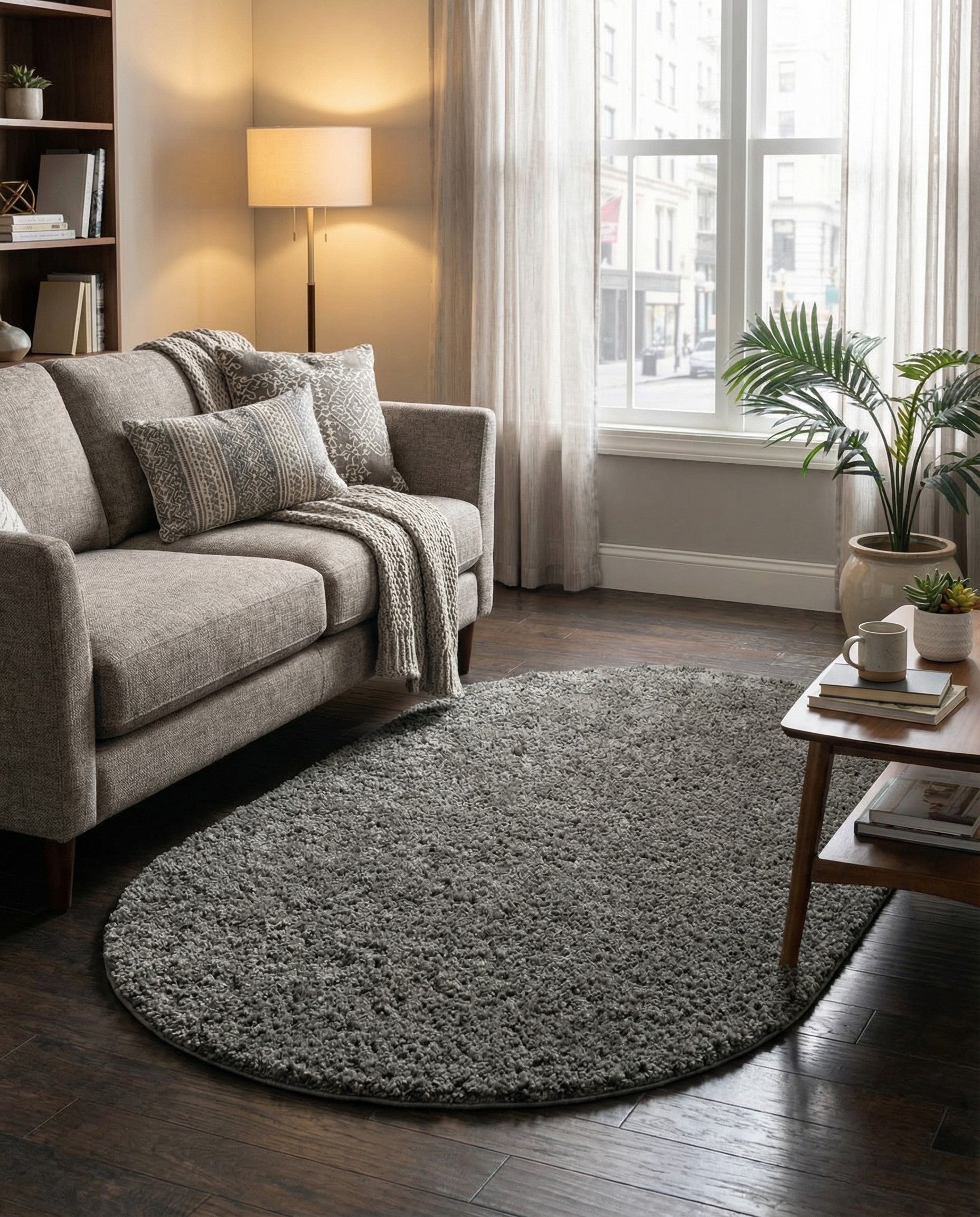 A 3' 3 x 5' 3 oval gray shag rug, featuring a soft, textured pile, perfect for a cozy modern indoor space.