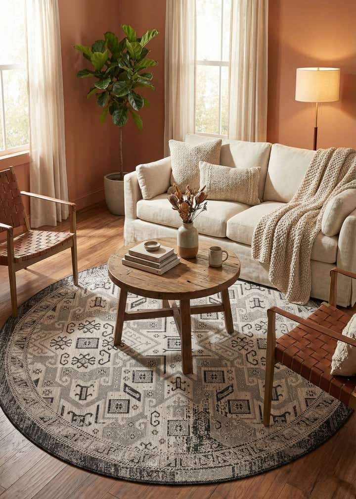 7' 10 x 7' 10 Easy-Clean Aztec Indoor / Outdoor Round Rug