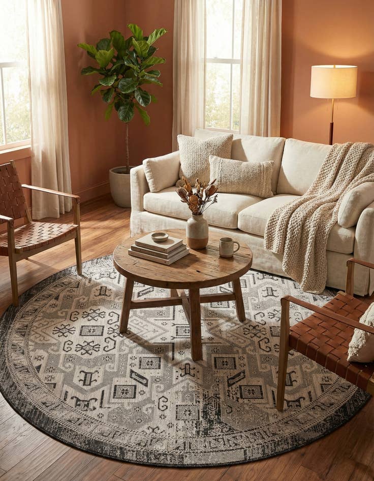 Detail image of 7' 10 x 7' 10  Washable Aztec Indoor / Outdoor Round Rug