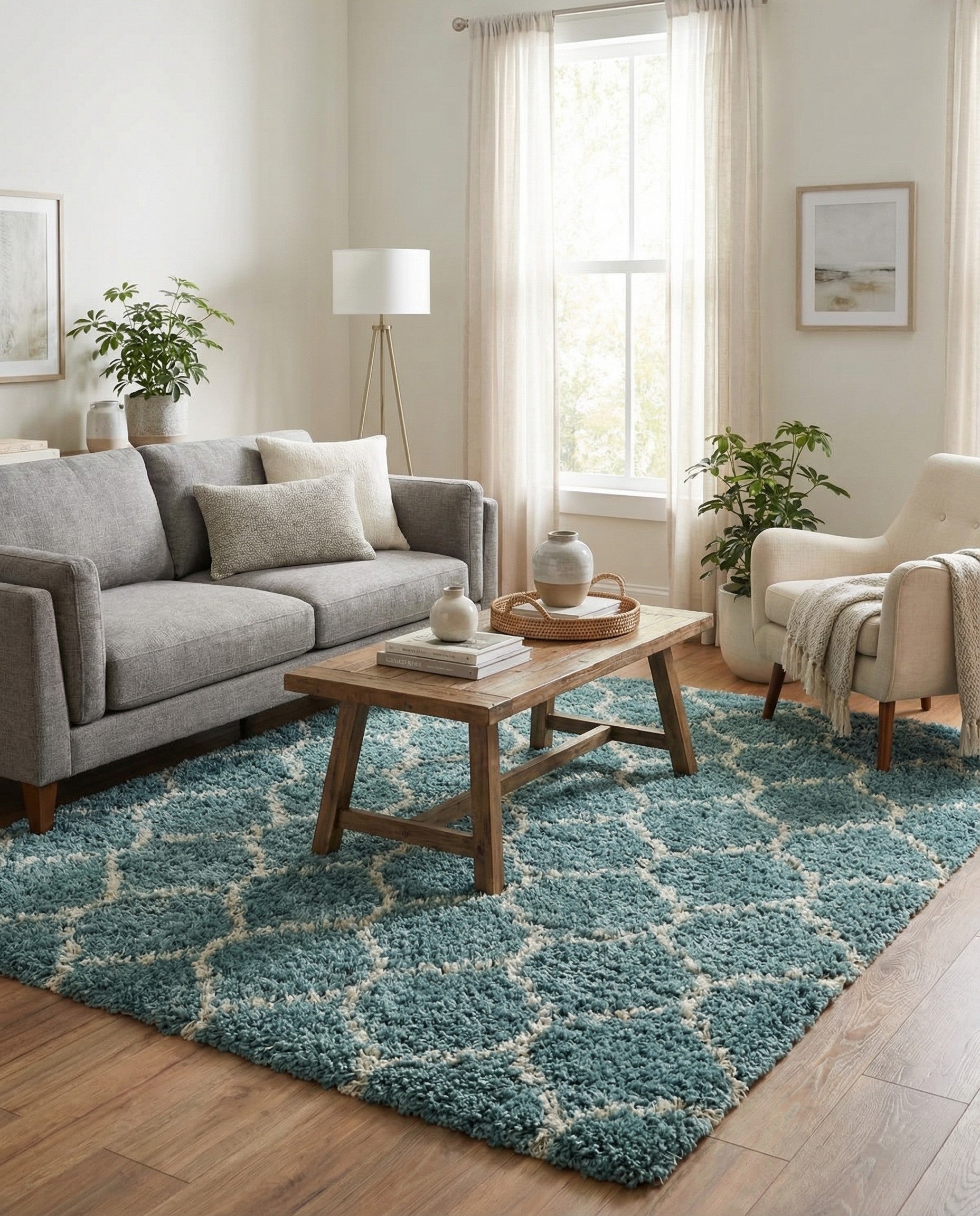 A light blue Rugs.com Lattice Shag square rug with a white modern geometric pattern and textured high/low pile.