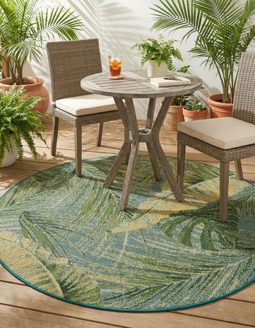 Green Blue Easy-Clean Botanical Indoor / Outdoor Round Rug